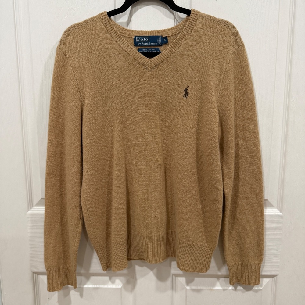 Polo Ralph Lauren Mens V-Neck Lambswool Sweater Tan Camel Small Pony Logo